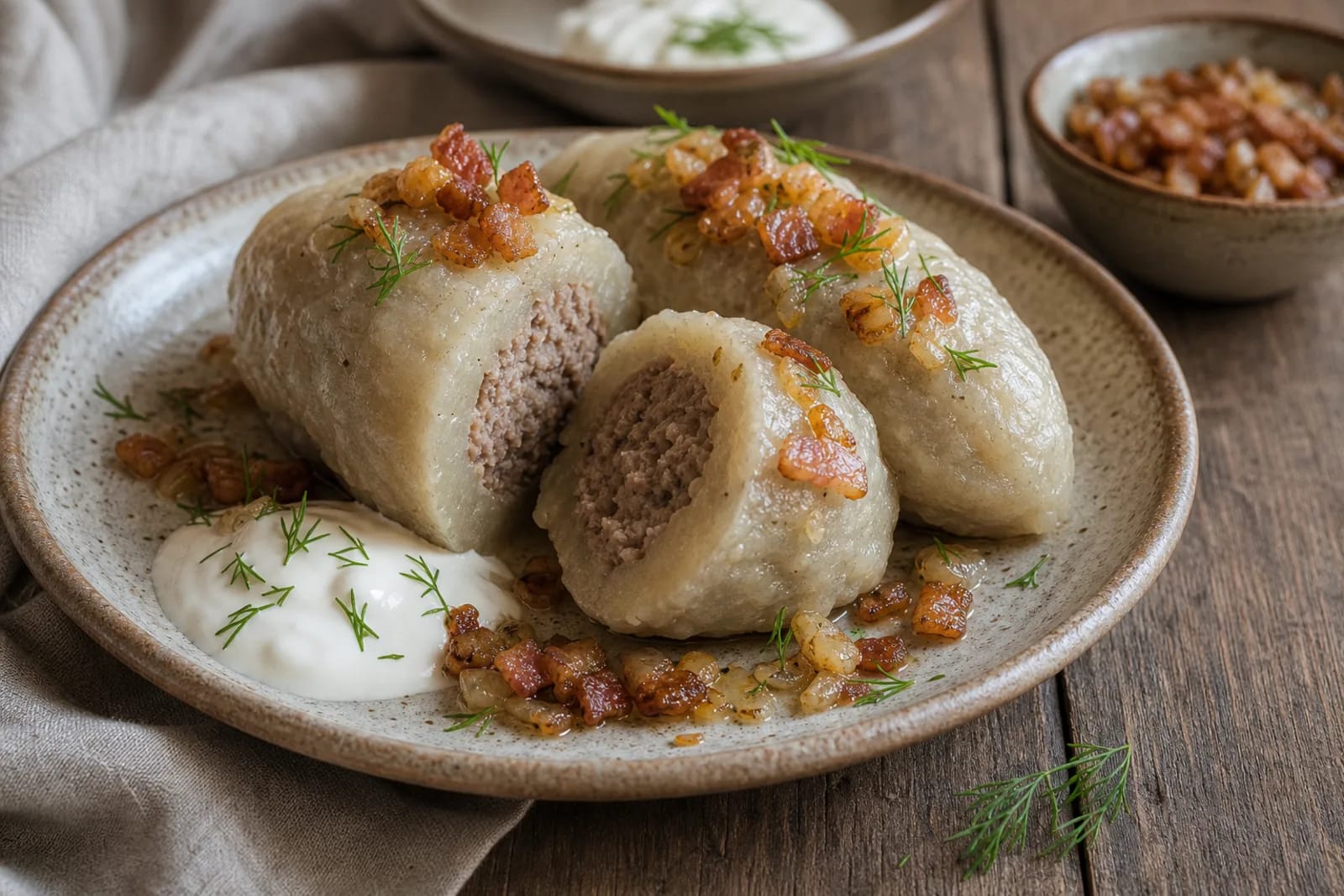 Cepelinai: boiled large potato dumplings with filling in a Lithuanian traditional food context