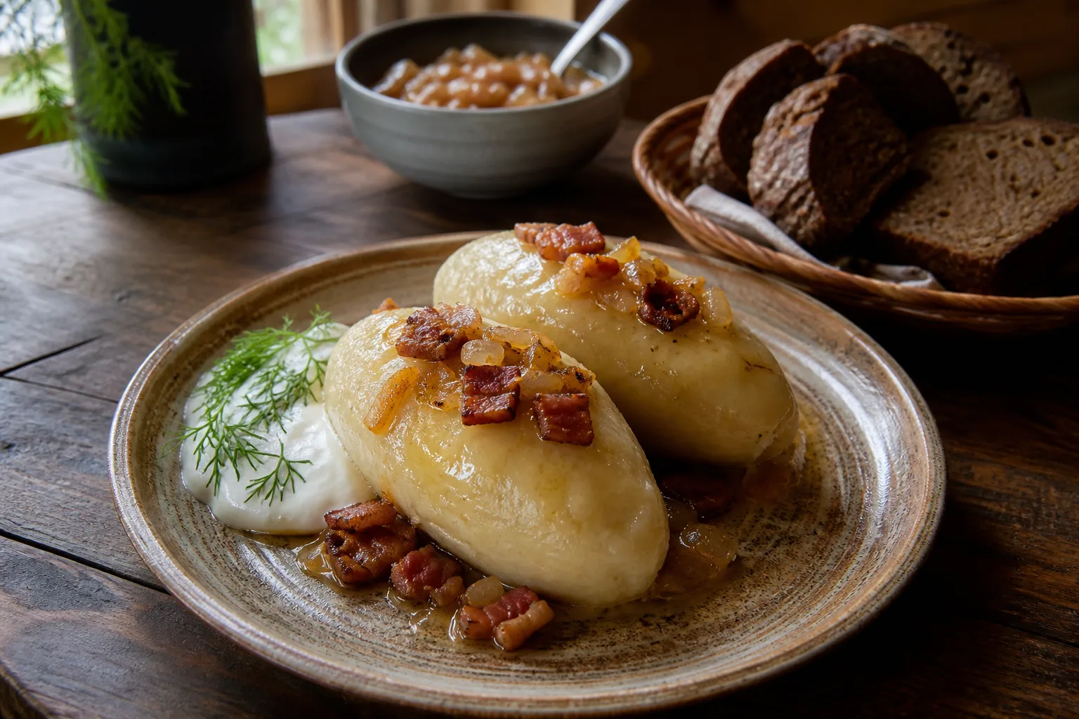 Cepelinai with crackling and onion sauce, sour cream, dill, and black rye bread on a wooden table