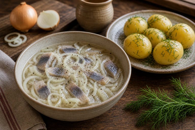 Žemaitijan cibulynė with herring, onions, pepper, and hot potatoes on the side