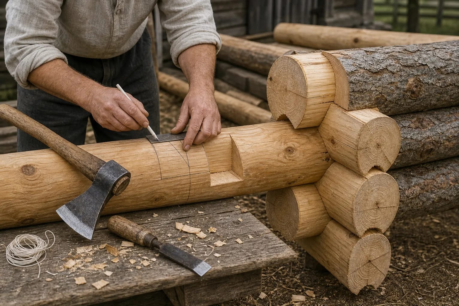 A carpenter marks and cuts a log corner joint.