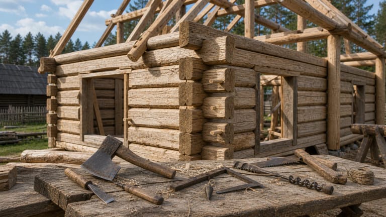 Traditional wooden-building carpentry with log wall timbers, corner joints, rafters, wooden pegs, axe, broad axe, saw, square, and plumb bob