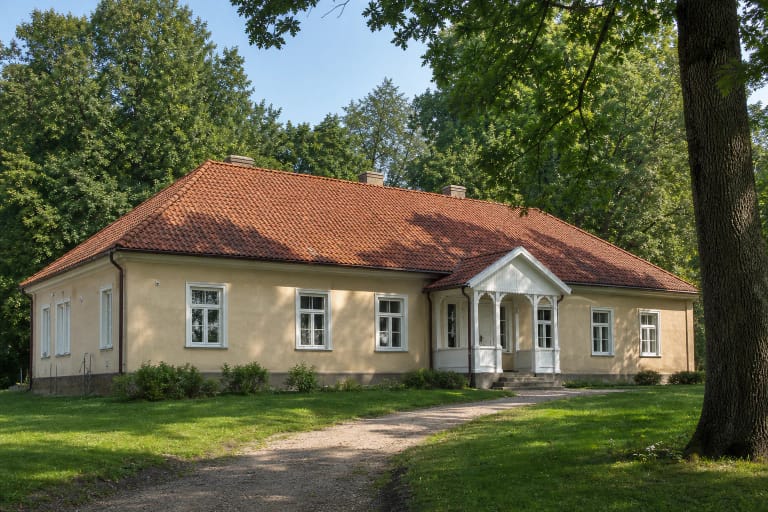 Ilgas šviesiai tinkuotas Dapkiškių dvaro namas su raudonų čerpių stogu ir baltu mediniu prieangiu medžių paunksnėje