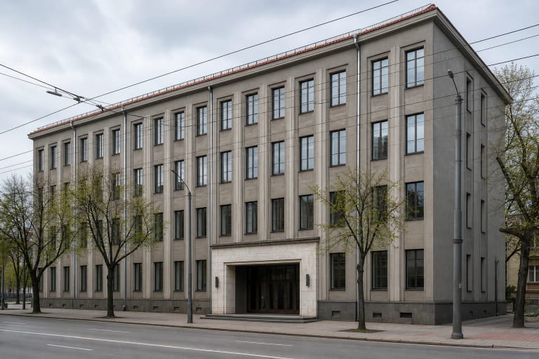 Darbo rūmų Kaune griežtas pilkas modernistinis fasadas su vertikaliomis briaunomis ir šviesiu įėjimo portalu