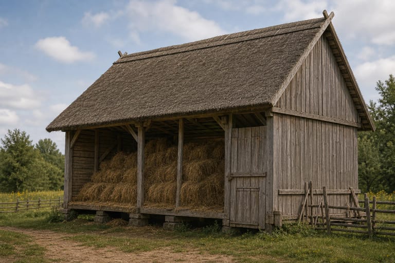 Traditional daržinė with a broad wooden roof, board walls with gaps, bundles of hay, and a nearby livestock building