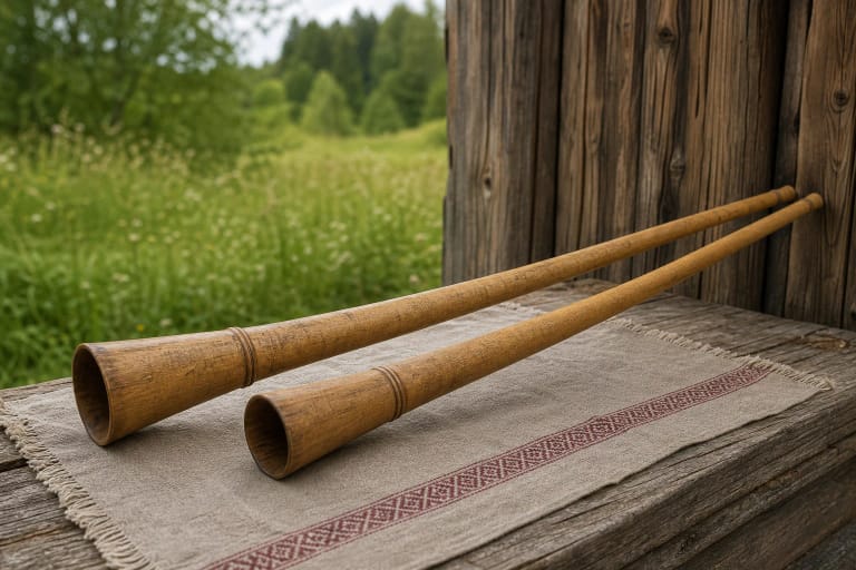 Long wooden daudytės in a Lithuanian field as traditional wind trumpets