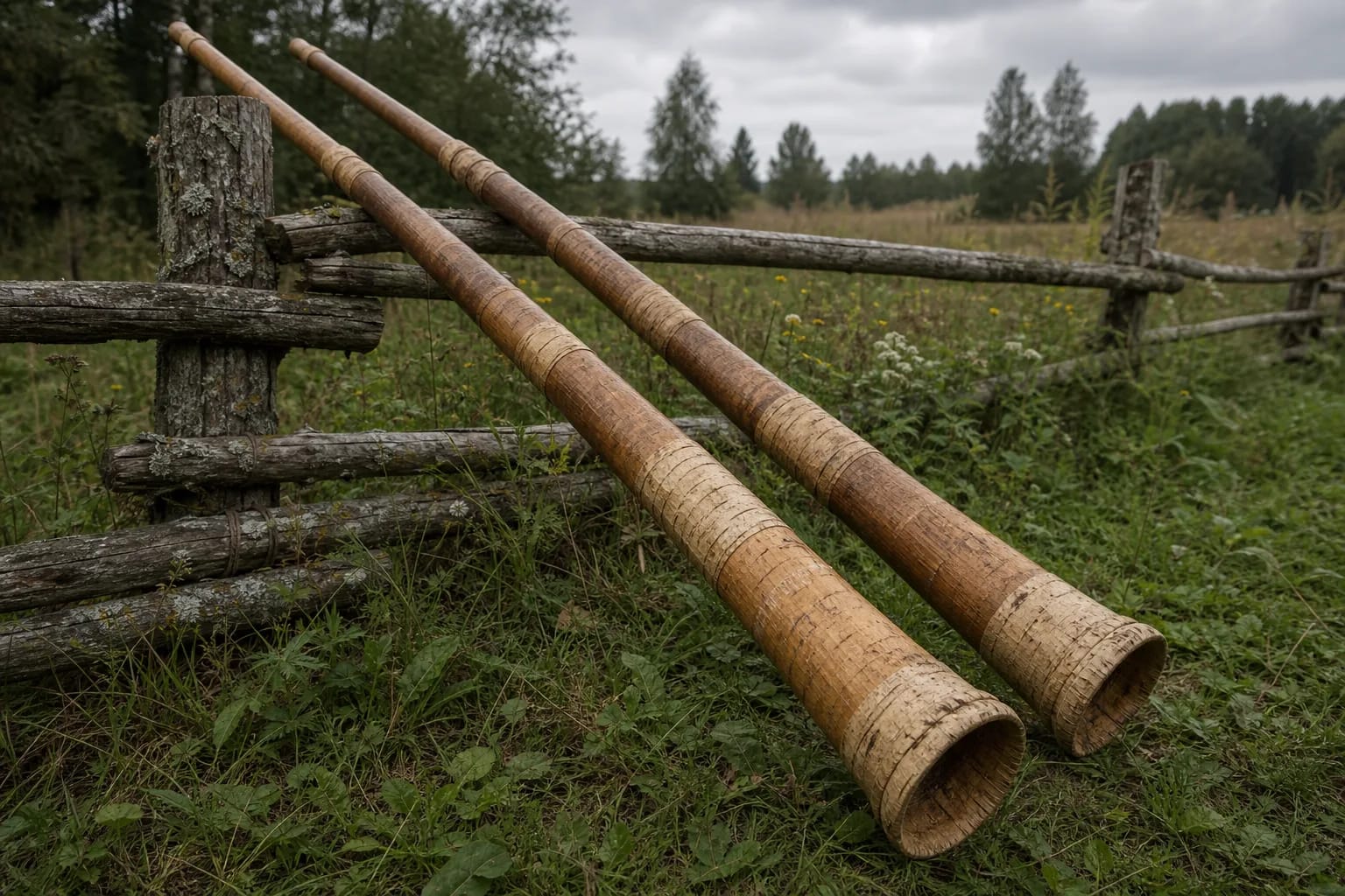 Long wooden daudytės wrapped with birch bark
