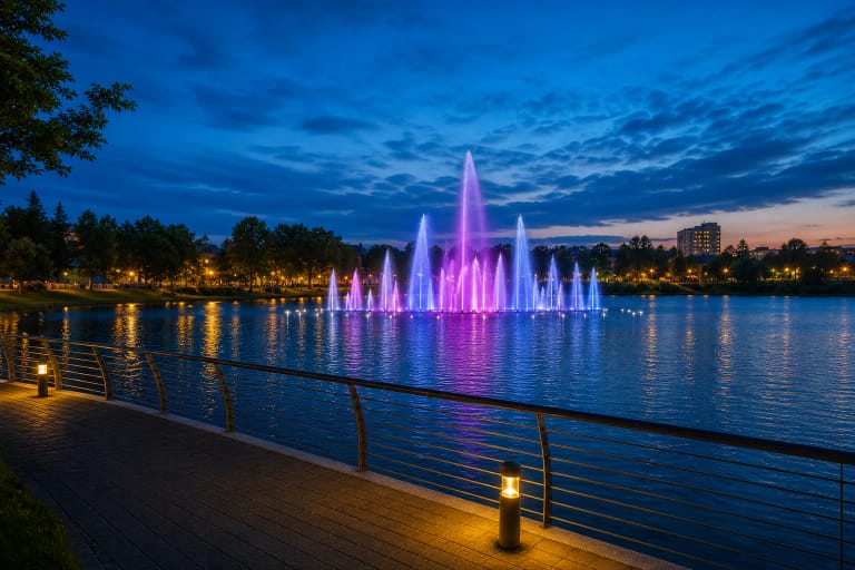 Dauniškio ežero parkas Utenoje su šviečiančiu fontanu vakaro metu