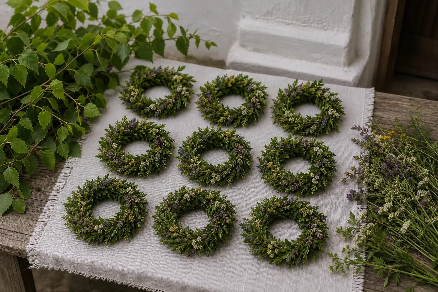 Devintines herbs and nine small wreaths being tied