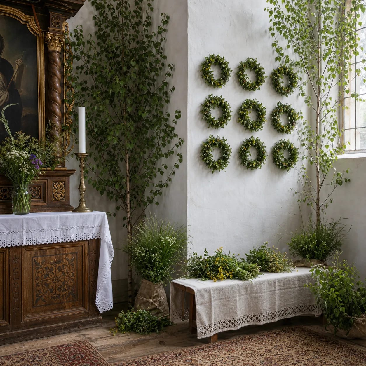 A small Corpus Christi church corner decorated with birches, herbs, and nine green wreaths on a white wall