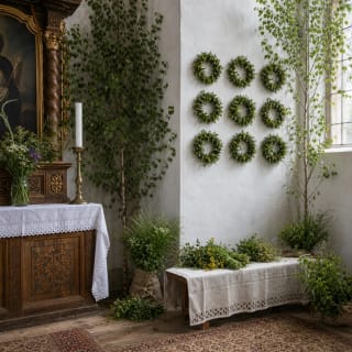 A small Corpus Christi church corner decorated with birches, herbs, and nine green wreaths on a white wall
