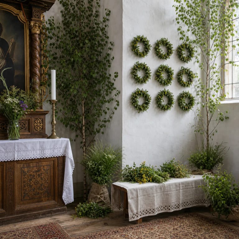 A small Corpus Christi church corner decorated with birches, herbs, and nine green wreaths on a white wall