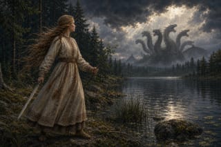 A girl beside a forest lake looks toward a distant nine-headed dragon
