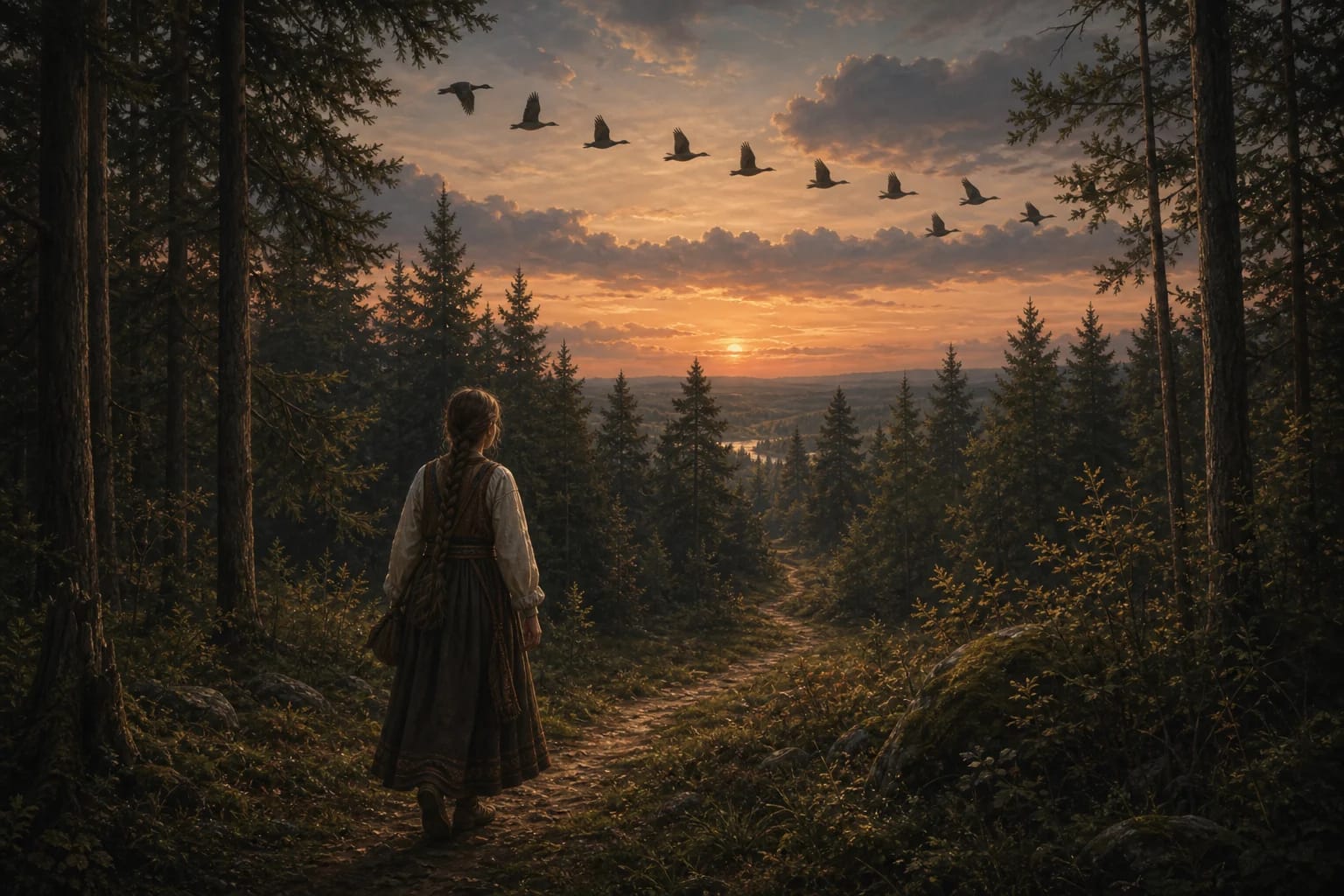 Nine Brothers and Their Sister Elenytė visual interpretation with sister and brothers, enchantment, journey motifs