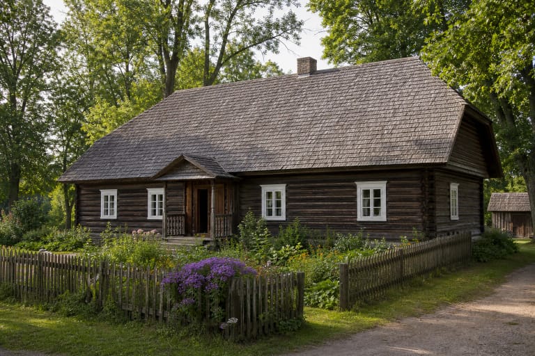 Tamsių rąstų Didžiulių memorialinės sodybos namas su baltais langais, medinių skiedrų stogu, gėlynu ir sena medine tvorele