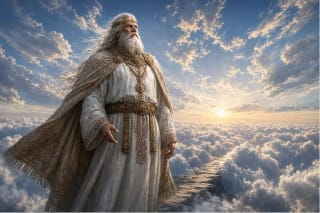 Dievas, the Lithuanian sky god, stands above clouds in a bright sky