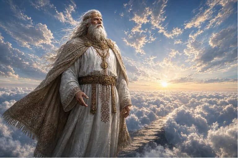 Dievas, the Lithuanian sky god, stands above clouds in a bright sky