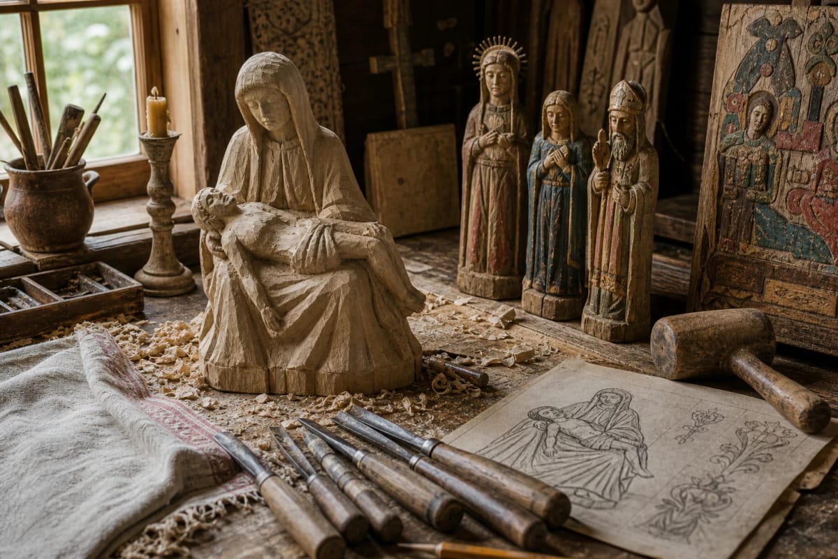 Lithuanian dievdirbys workshop with a carved Pieta figure, saints' sculptures, and woodcarving tools
