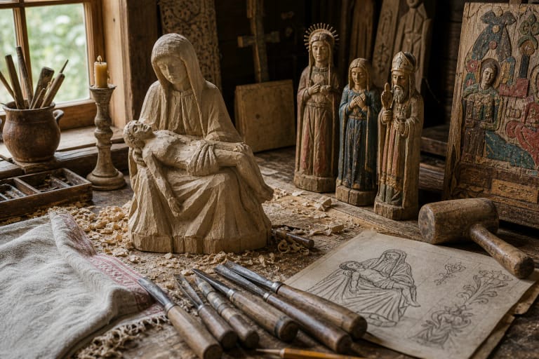 Lithuanian dievdirbys workshop with a carved Pieta figure, saints' sculptures, and woodcarving tools