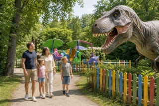 A family walks along a green path at Dino Park Radailiai past a large moving tyrannosaur model and colourful rides