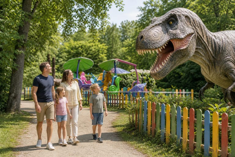 Šeima eina žaliu Dino parko Radailiuose taku pro didelį judantį tiranozauro modelį ir spalvingas pramogas