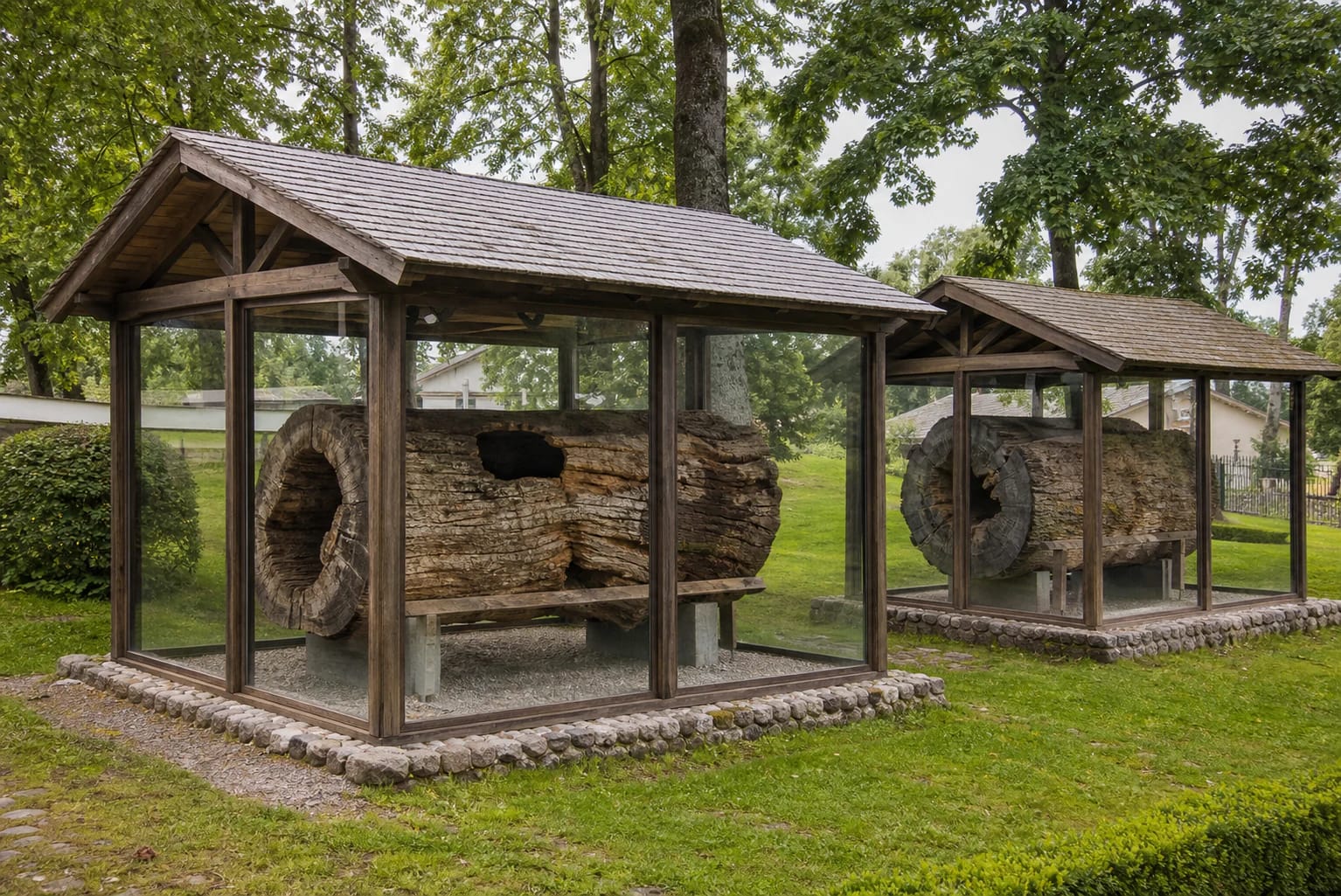 Dionizas Poška's Baubliai in Bijotai, two hollow oak trunks protected in wooden and glass pavilions