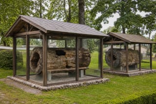 Dionizas Poška's Baubliai in Bijotai, two hollow oak trunks protected in wooden and glass pavilions