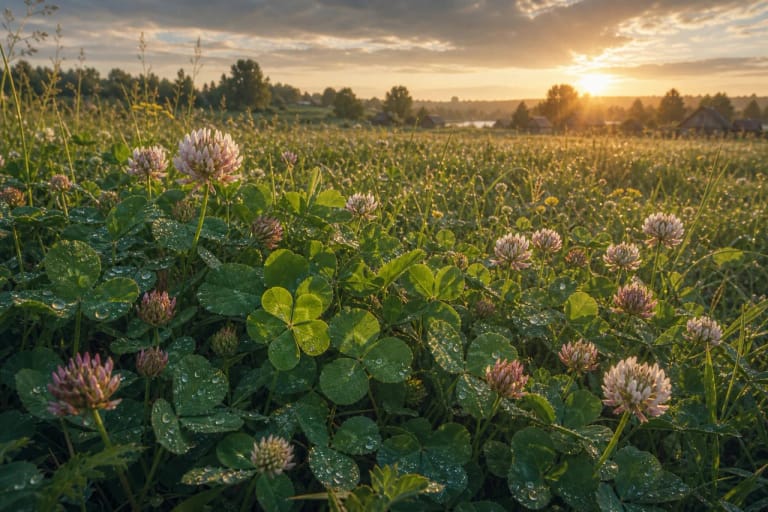 Green clover in a Lithuanian meadow as a symbol of song greenery and luck