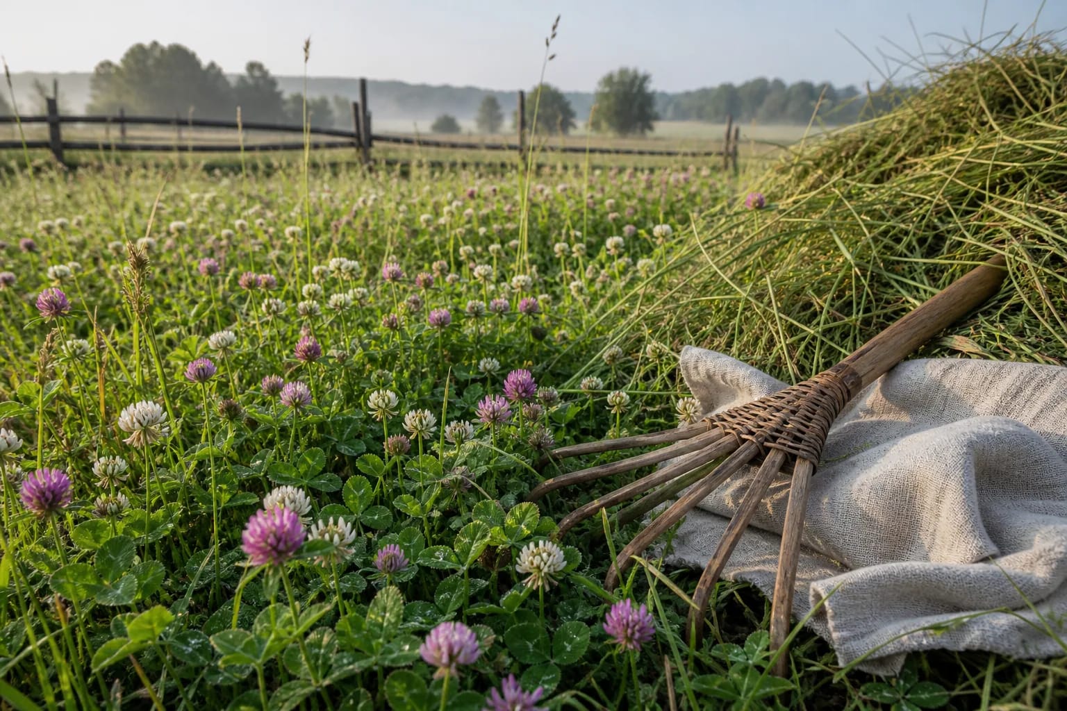 Blooming clover meadow with a wooden rake and linen cloth at the field edge.