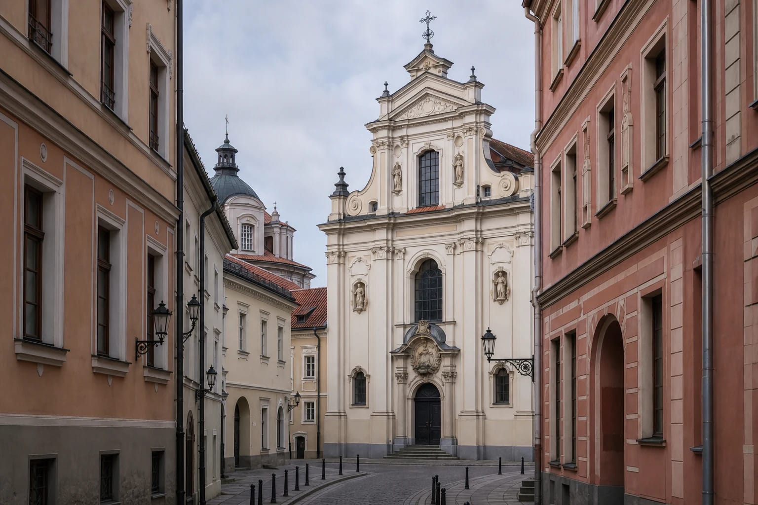 Facade and towers of the Dominican Church of the Holy Spirit on narrow Dominikonų Street in Vilnius