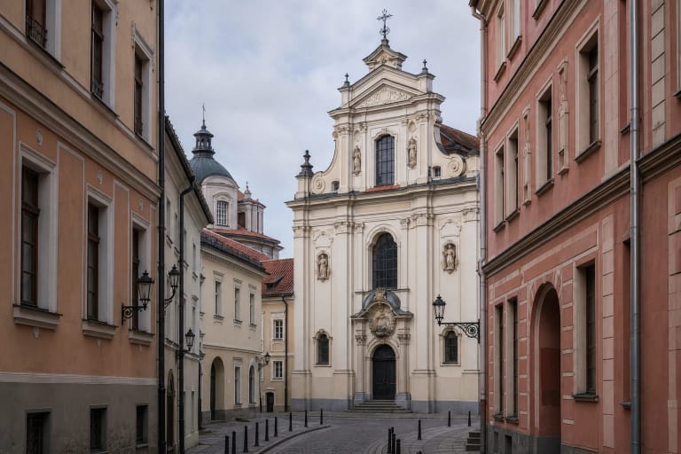 Facade and towers of the Dominican Church of the Holy Spirit on narrow Dominikonų Street in Vilnius