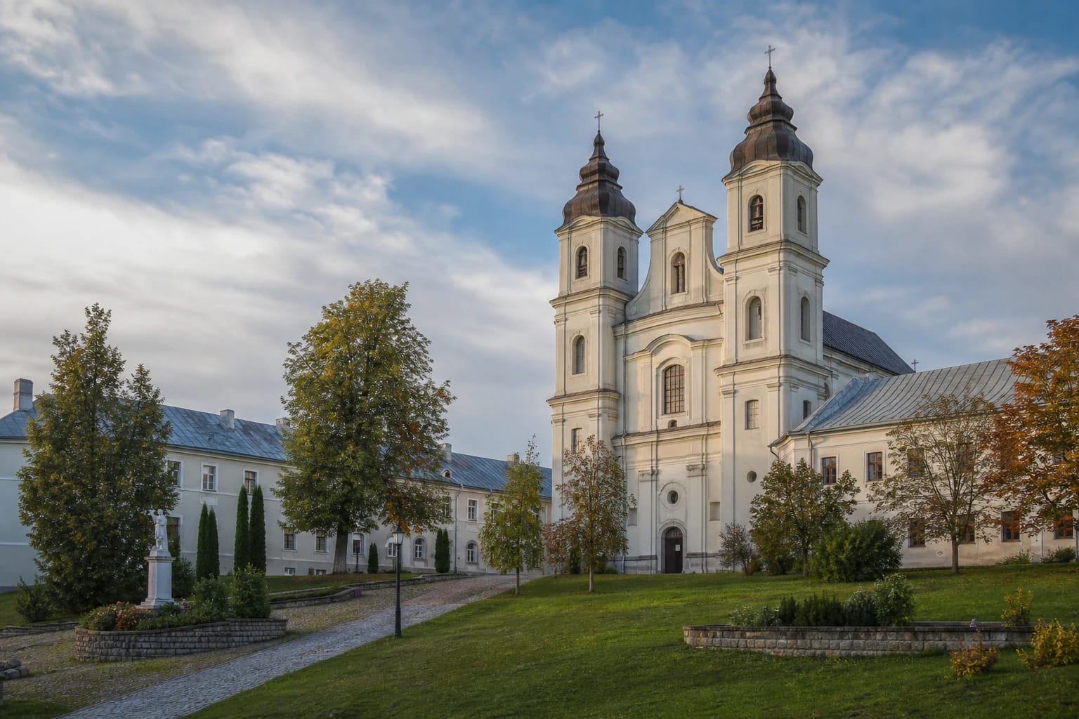 Dotnuva monastery ensemble with church and monastery buildings in the town center