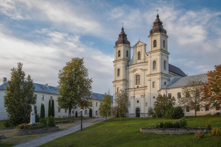 Dotnuva monastery ensemble with church and monastery buildings in the town center
