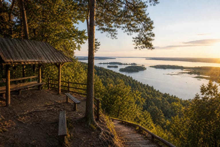 Mergakalnis viewpoint at Dovainonys Outcrop above Kauno Marios with forest and water panorama