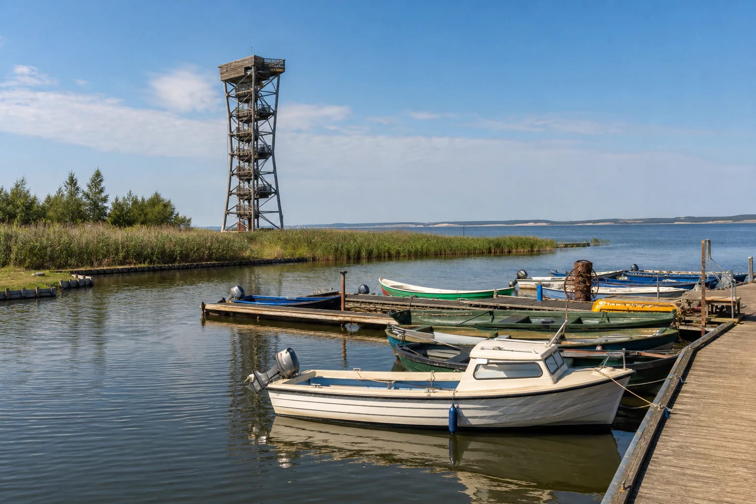 Boats at Dreverna small boat harbour, observation tower, Curonian Lagoon, and distant Curonian Spit dunes