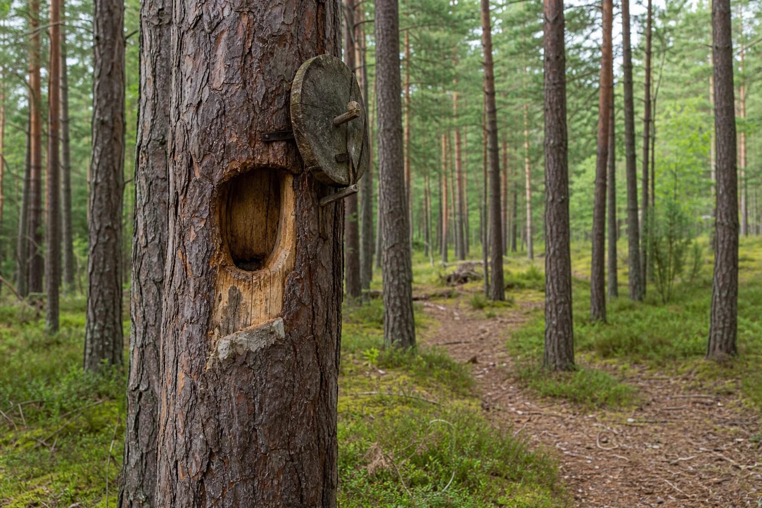Hollow pine with a beekeeping cavity in the Musteika forest of Dzūkija National Park