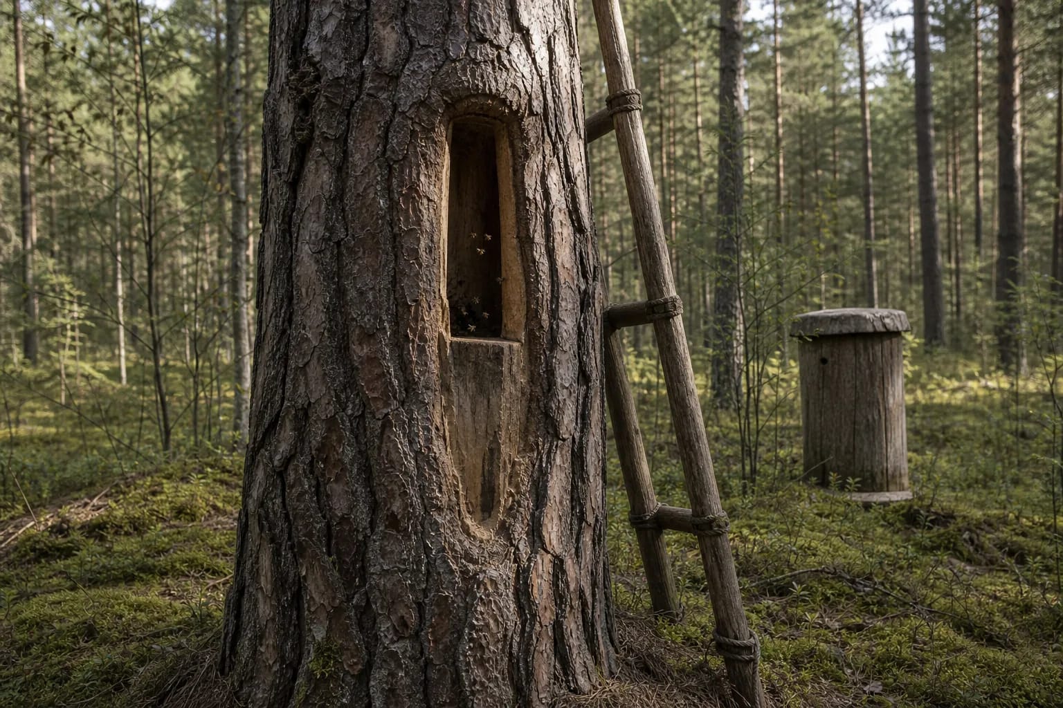 A bee-tree pine shows the scale of old forest beekeeping.