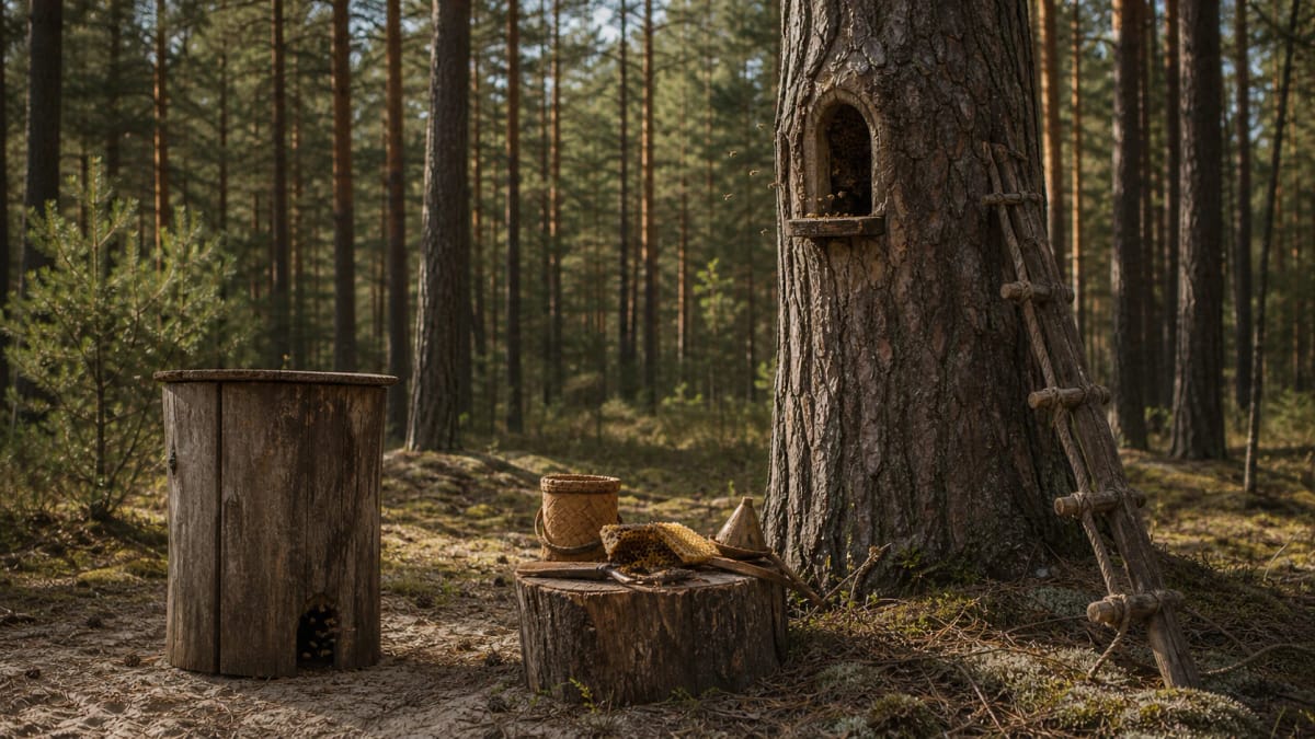 A hollow pine with a bee tree cavity in a Dzūkija pine forest, with geinys, log hive, honeycomb, and wooden beekeeping tools