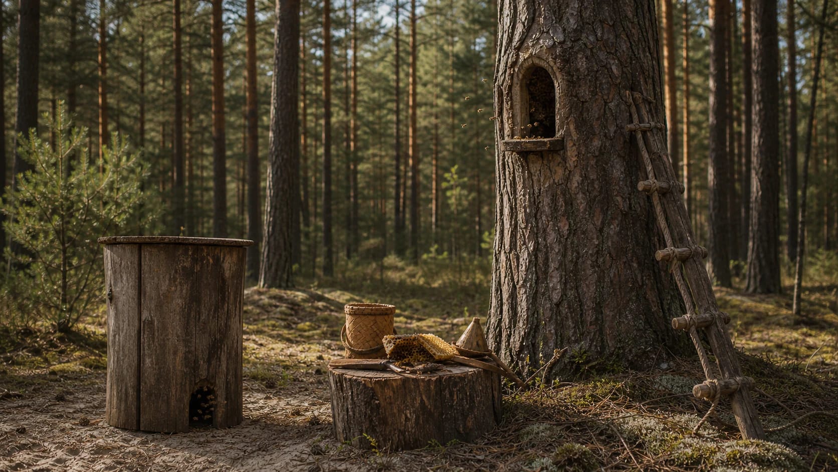 A hollow pine with a bee tree cavity in a Dzūkija pine forest, with geinys, log hive, honeycomb, and wooden beekeeping tools