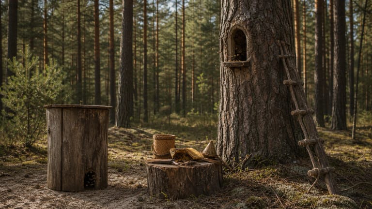 A hollow pine with a bee tree cavity in a Dzūkija pine forest, with geinys, log hive, honeycomb, and wooden beekeeping tools