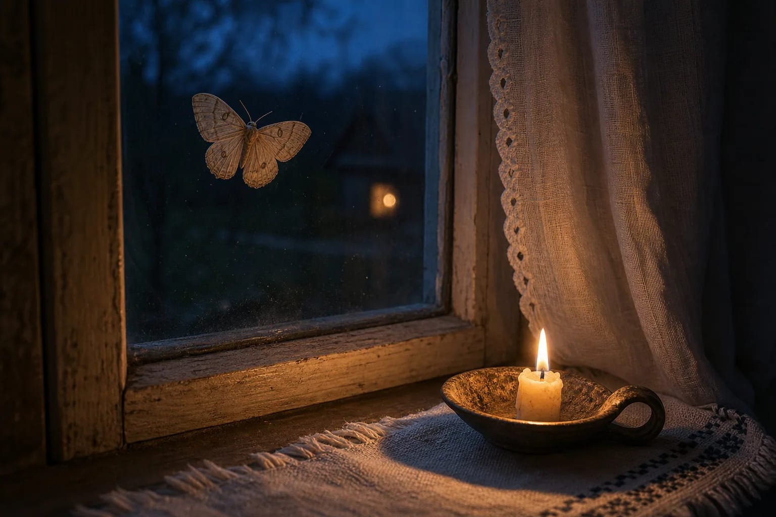 Night moth near an old farmhouse window and candlelight.