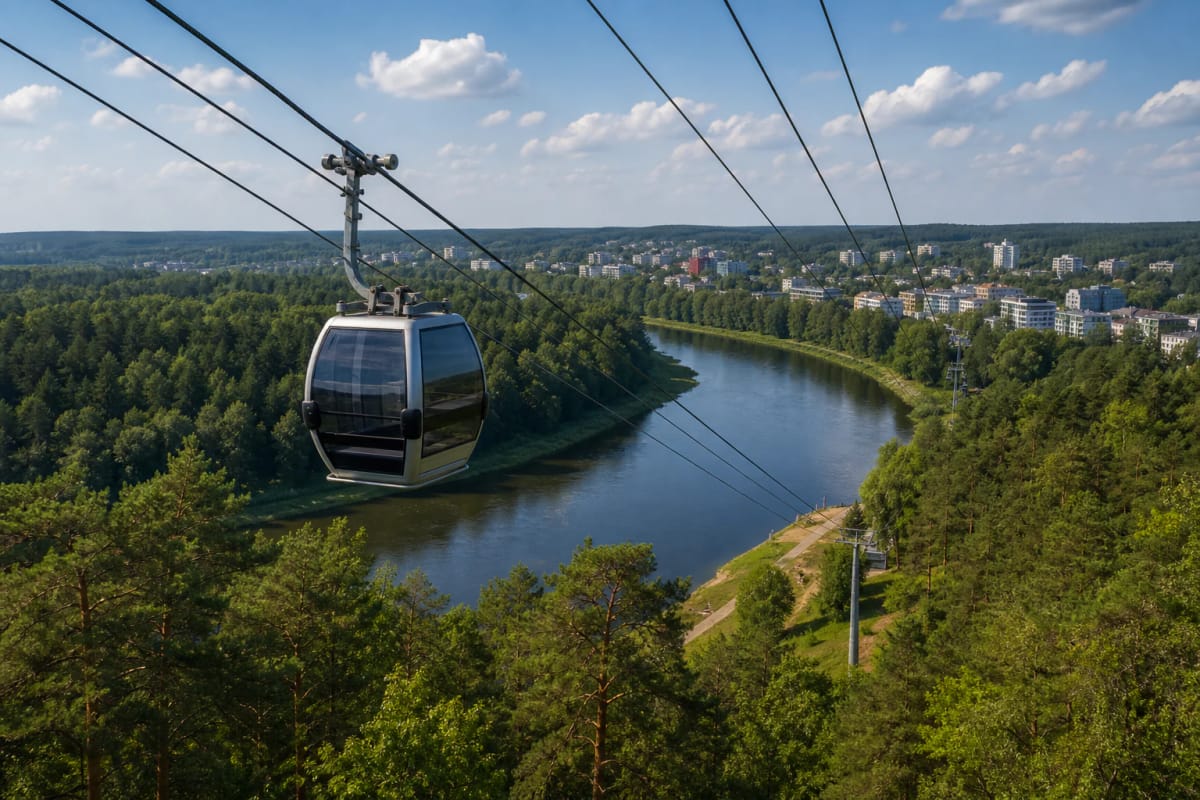 Druskininkai cable-car cabin above the Nemunas and resort forest panorama