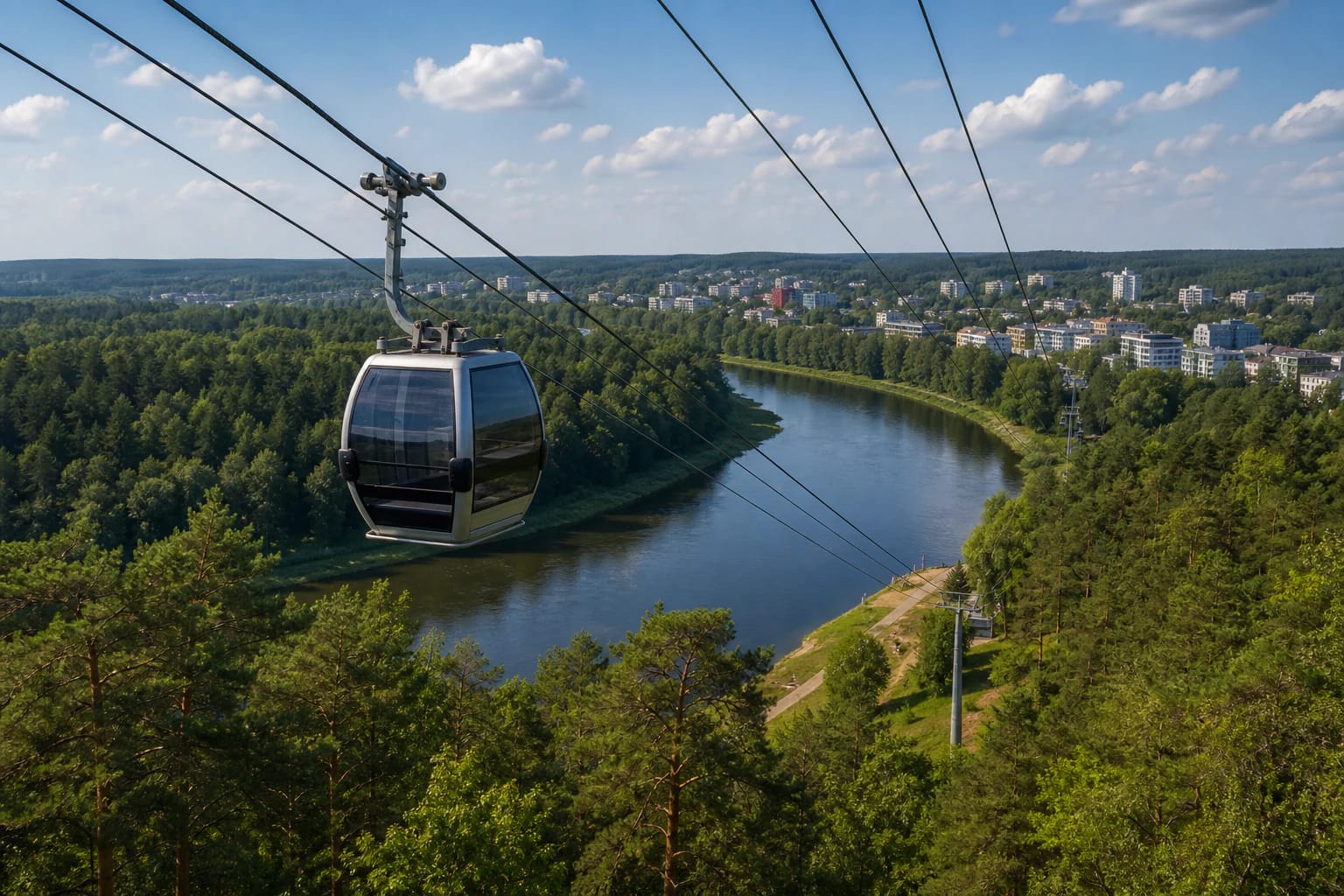 Druskininkų lynų kelio kabina virš Nemuno ir kurorto miškų panoramos
