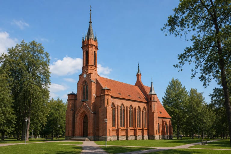 Druskininkų Škaplierinės bažnyčios raudonų plytų neogotikinis fasadas su aukštu bokštu, laikrodžiu ir smailiaarke įeiga