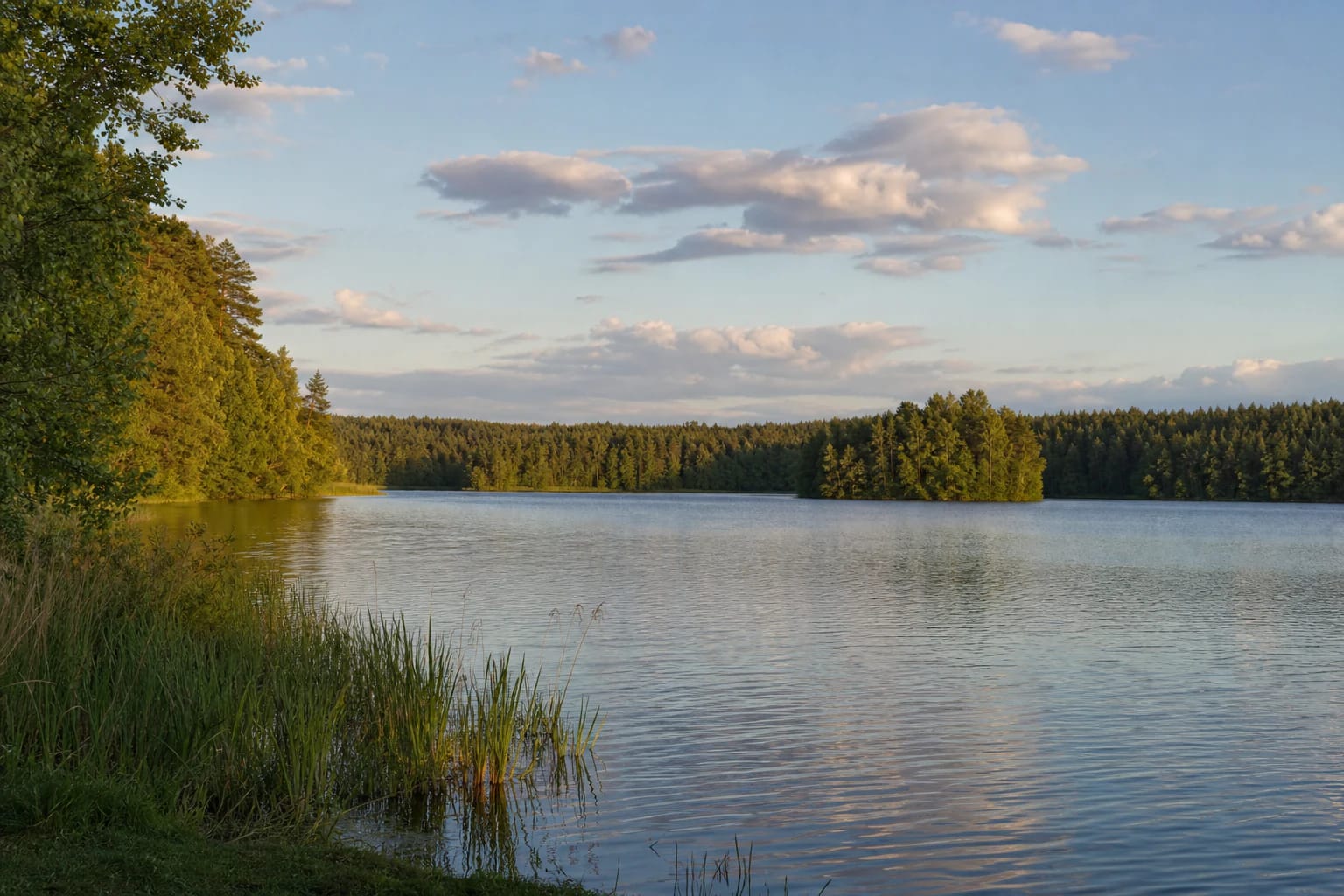 Broad Lake Dūburys with a reed-edged shore and a wooded island in evening light