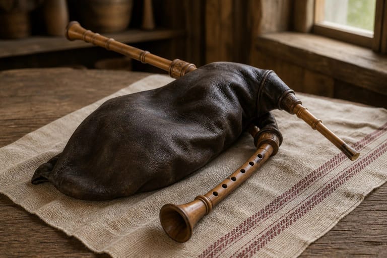 A Lithuanian dūdmaišis with a leather bag and wooden pipes in an eastern Lithuanian homestead