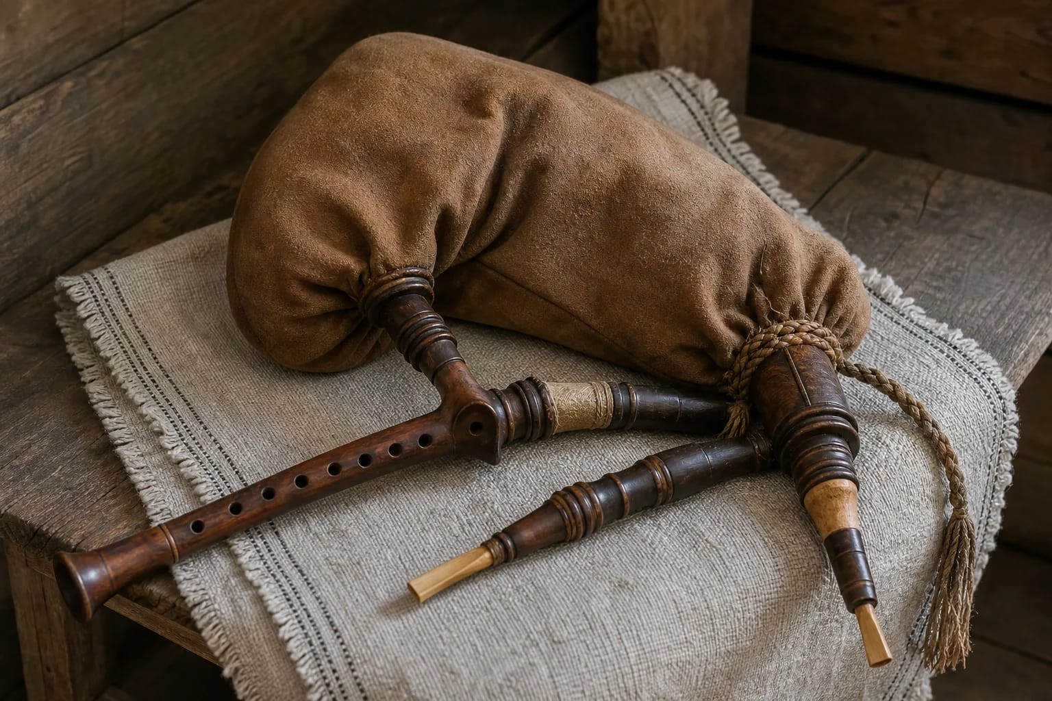 A dūdmaišis leather bag, chanter, and drones
