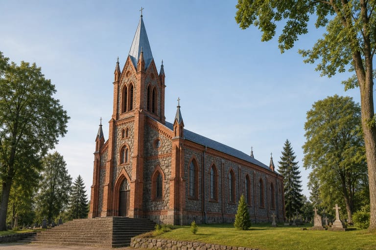 Dūkštų Šv. Onos bažnyčios lauko akmens ir raudonų plytų neogotikinis fasadas su aukštu bokštu bei šventoriaus kryžiais
