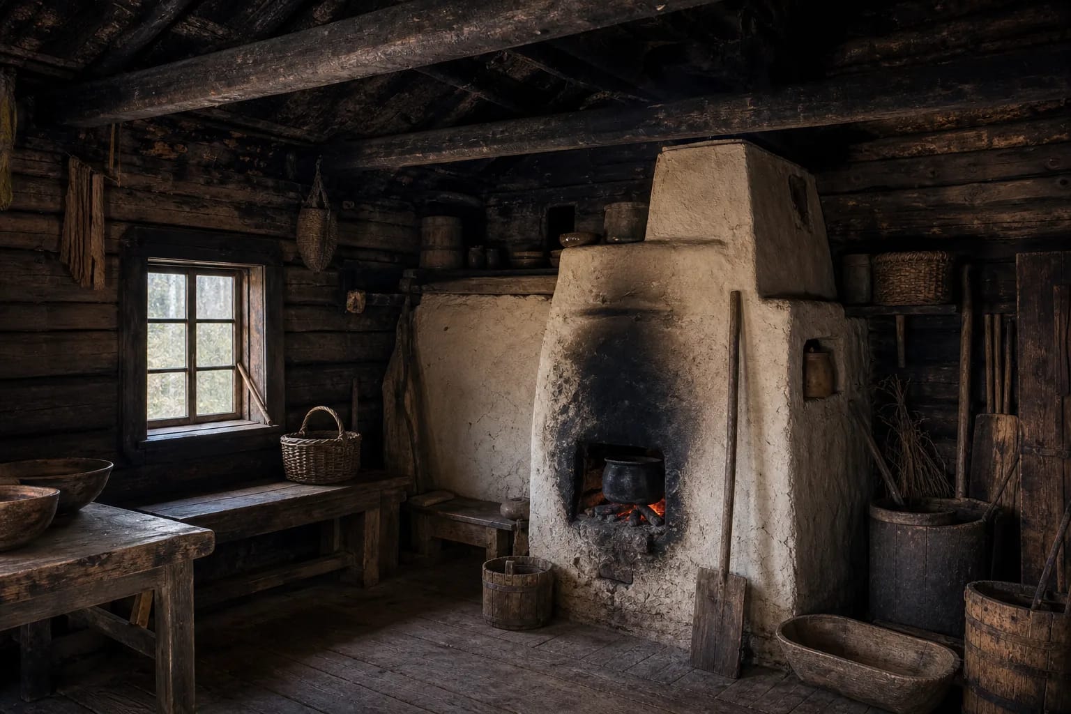 In a smoke pirkia, stove, smoke, and dim light shaped daily space.