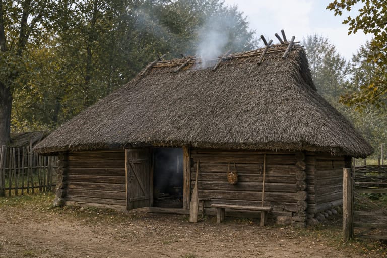 Dūminė pirkia with darkened log walls, a clay stove without chimney, and small light entering through little windows