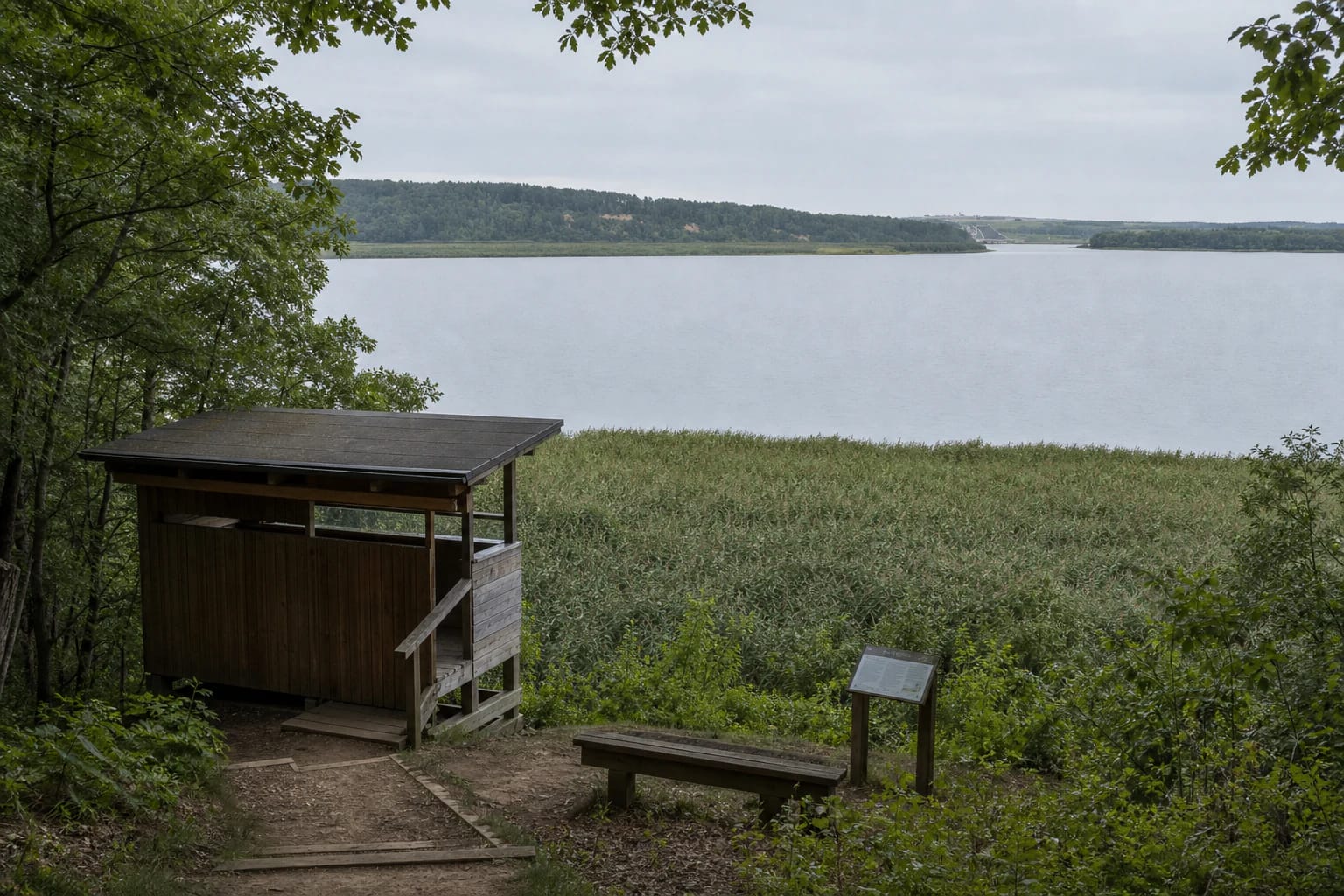 Timber Duobakalnis birdwatching hide beside dense reed beds on Kaunas Lagoon